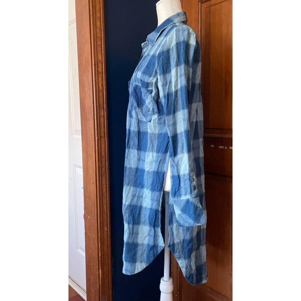 FREE PEOPLE Blue Plaid Flannel Button-Down Tunic Shirt Oversized Boho Grunge M - Picture 4 of 13